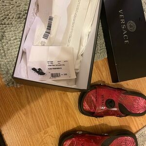 Versace Pink Transparent Logo Slide Sandals
